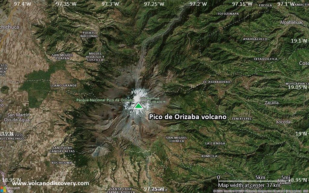 Satellite/aerial-type map of Pico de Orizaba volcano (scale of 20-40 km)