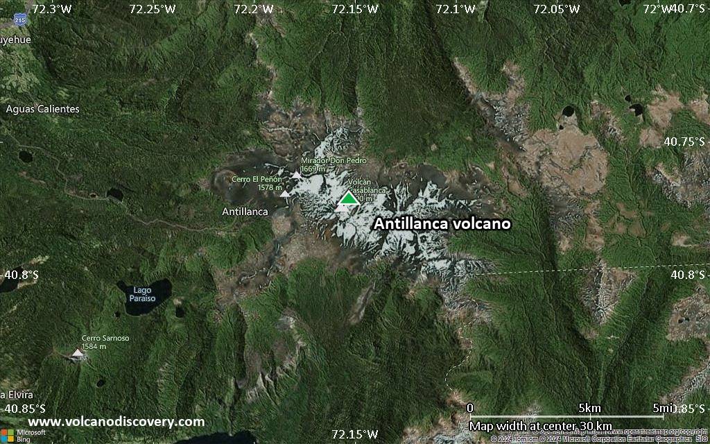 Satellite/aerial-type map of Antillanca volcano (scale of 20-40 km)