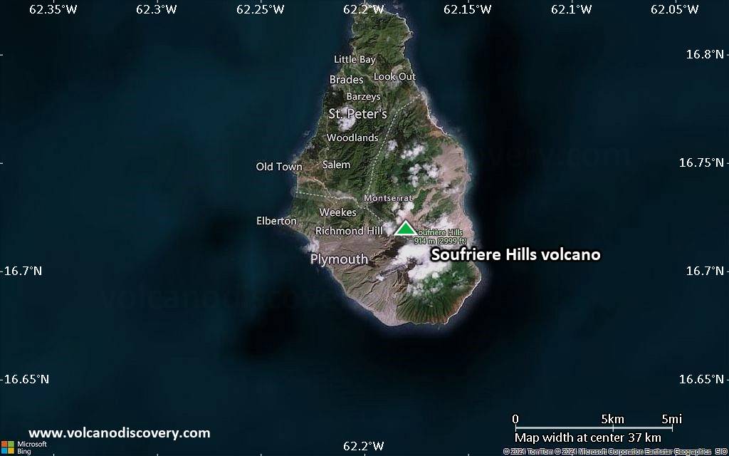 Satellite/aerial-type map of Soufriere Hills volcano (scale of 20-40 km)