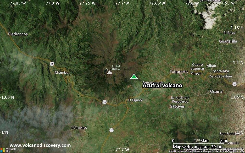 Satellite/aerial-type map of Azufral volcano (scale of 20-40 km)