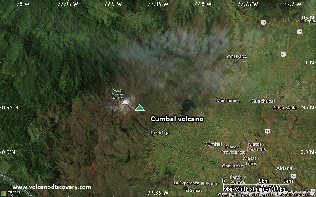 Satellite/aerial-type map of Cumbal volcano (scale of 20-40 km)