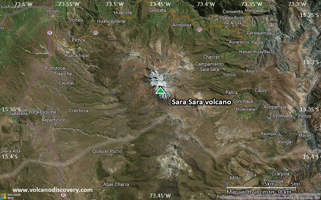 Satellite/aerial-type map of Sara Sara volcano (scale of 20-40 km)