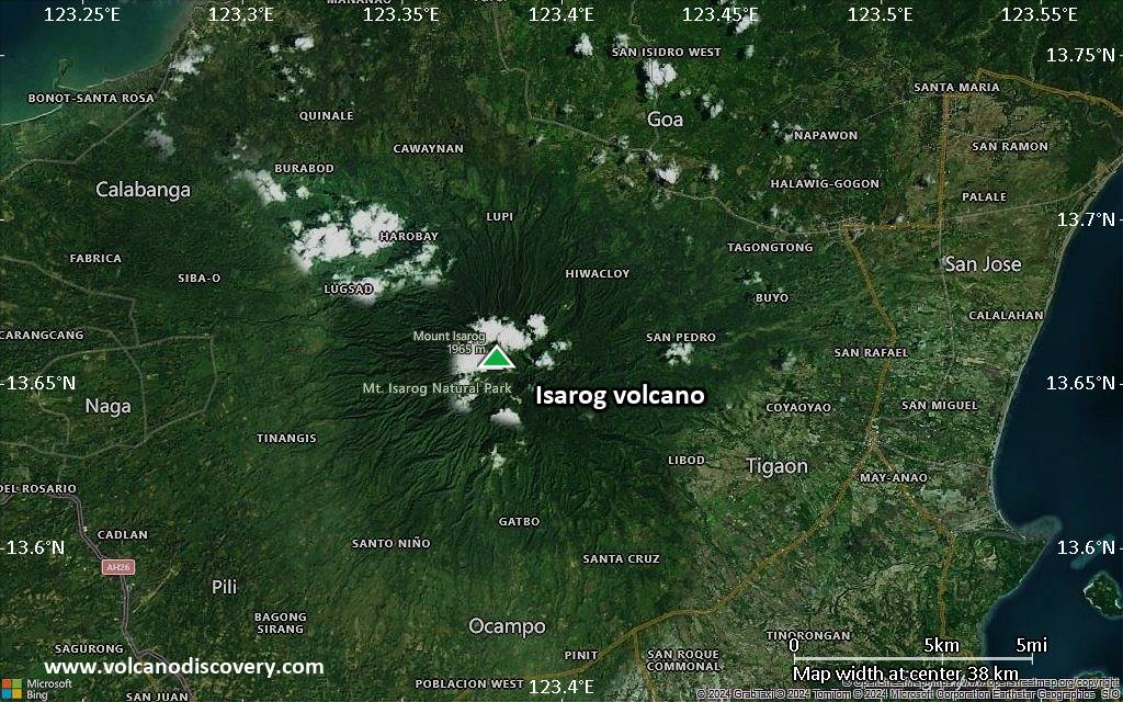 Satellite/aerial-type map of Isarog volcano (scale of 20-40 km)