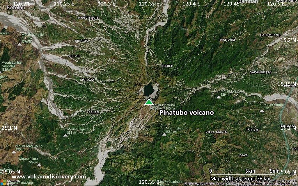 Satellite/aerial-type map of Pinatubo volcano (scale of 20-40 km)