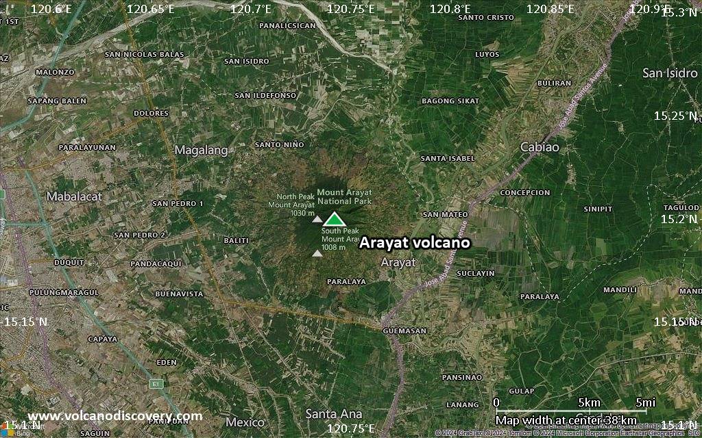 Satellite/aerial-type map of Arayat volcano (scale of 20-40 km)
