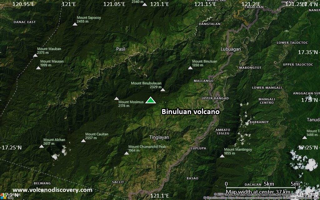 Satellite/aerial-type map of Binuluan volcano (scale of 20-40 km)