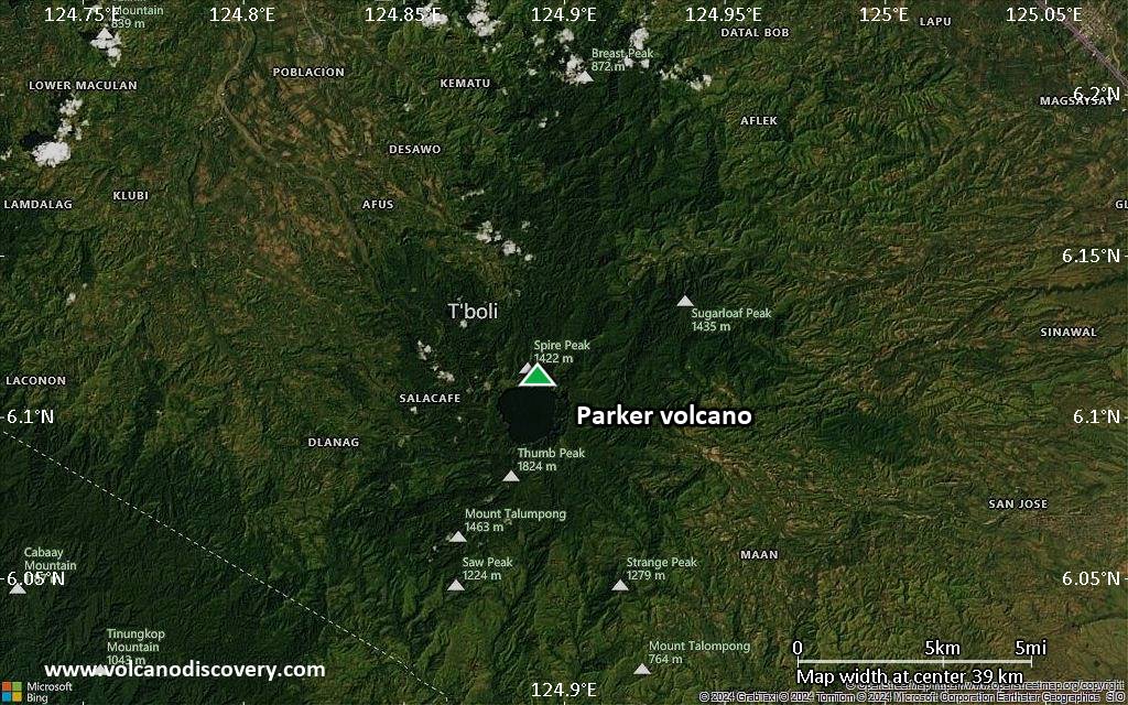 Satellite/aerial-type map of Parker volcano (scale of 20-40 km)