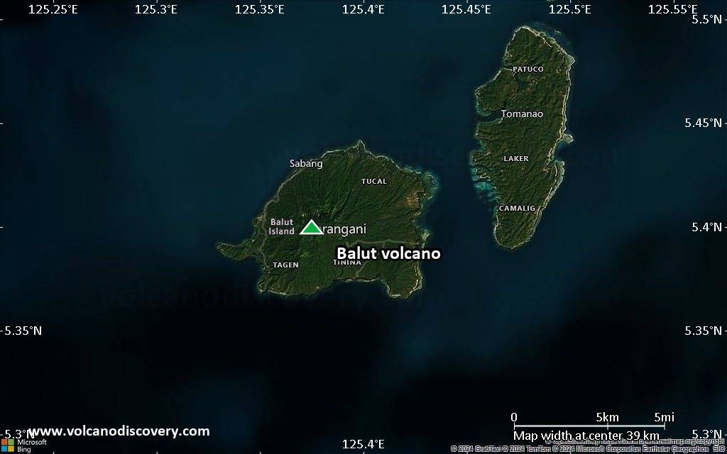Satellite/aerial-type map of Balut volcano (scale of 20-40 km)