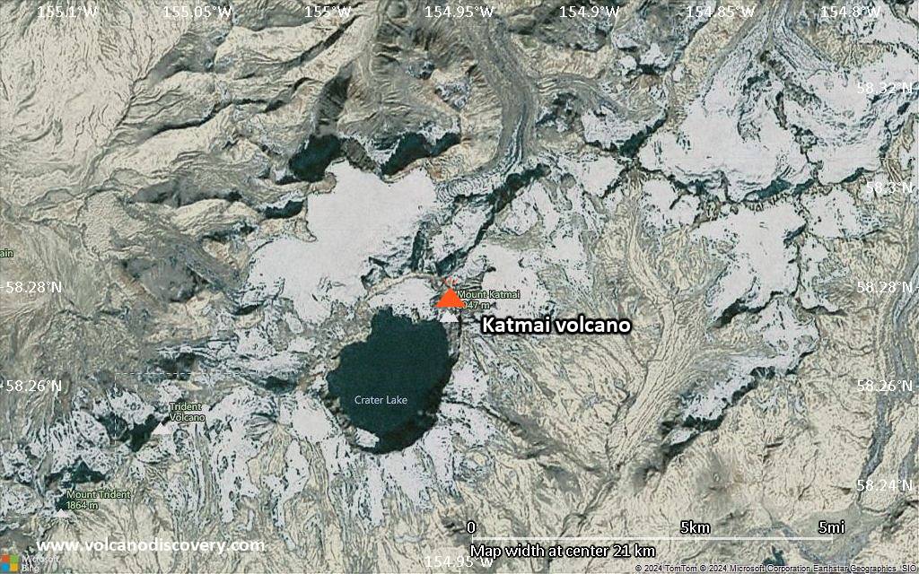 Satellite/aerial-type map of Katmai volcano (scale of 20-40 km)