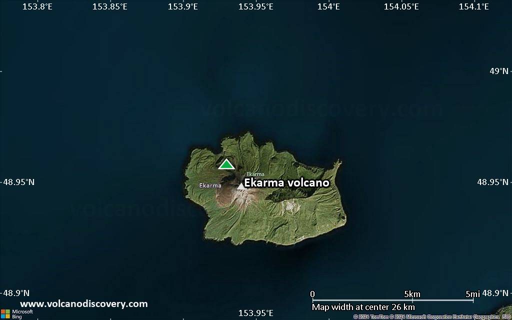 Satellite/aerial-type map of Ekarma volcano (scale of 20-40 km)