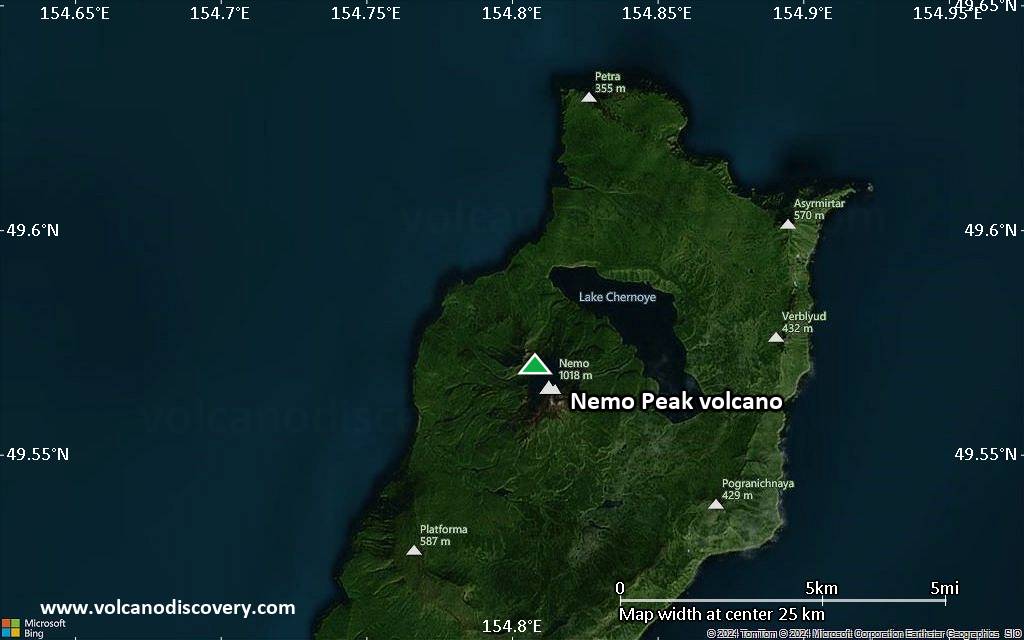Satellite/aerial-type map of Nemo Peak volcano (scale of 20-40 km)