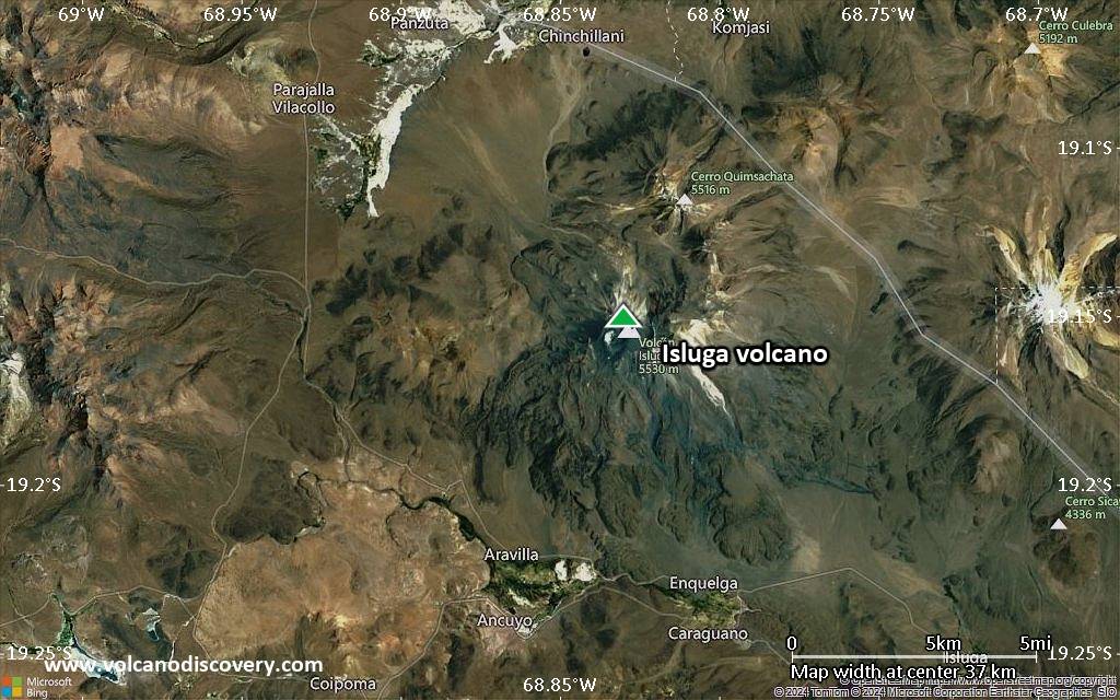 Satellite/aerial-type map of Isluga volcano (scale of 20-40 km)