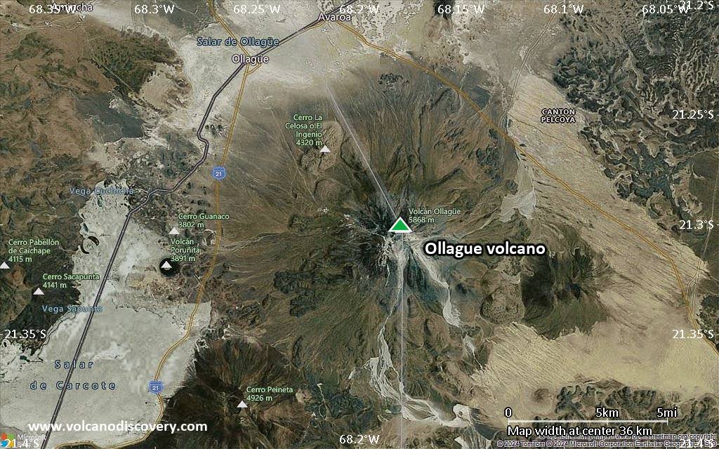 Satellite/aerial-type map of Ollague volcano (scale of 20-40 km)