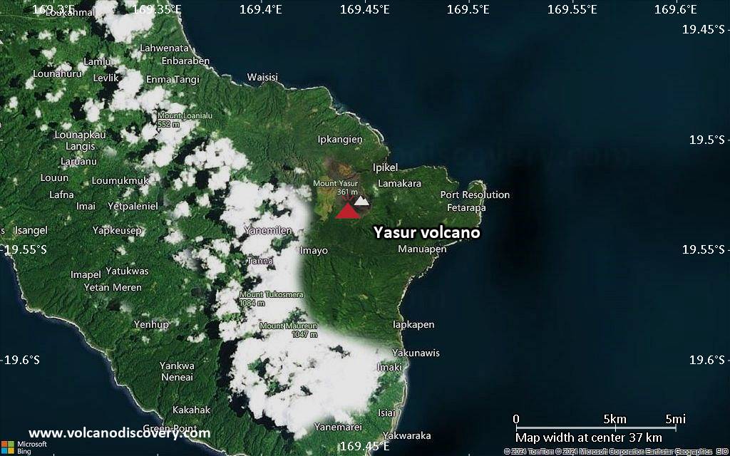 Satellite/aerial-type map of Yasur volcano (scale of 20-40 km)