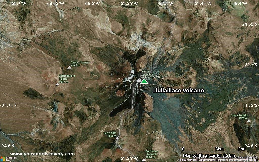 Satellite/aerial-type map of Llullaillaco volcano (scale of 20-40 km)