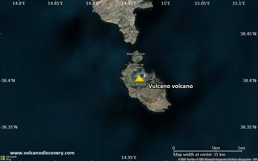 Satellite/aerial-type map of Vulcano volcano (scale of 20-40 km)