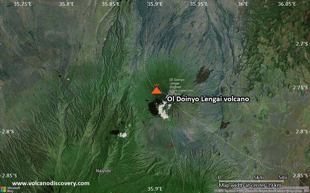 Satellite/aerial-type map of Ol Doinyo Lengai volcano (scale of 20-40 km)