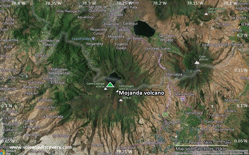 Satellite/aerial-type map of Mojanda volcano (scale of 20-40 km)