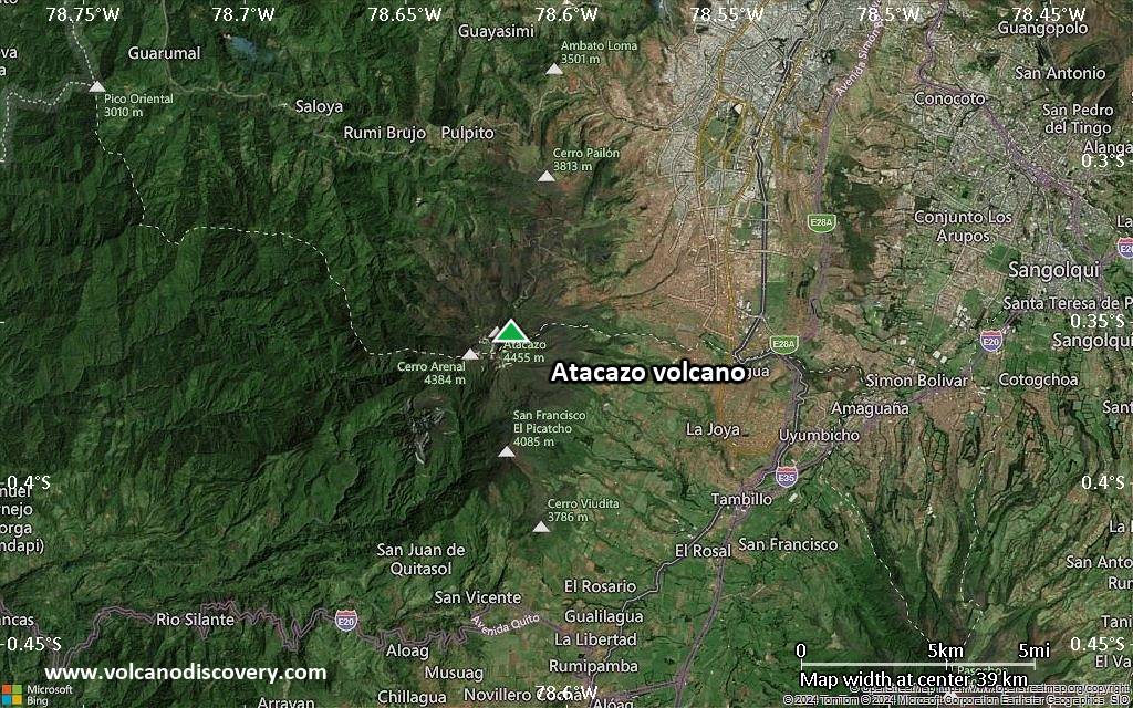 Satellite/aerial-type map of Atacazo volcano (scale of 20-40 km)