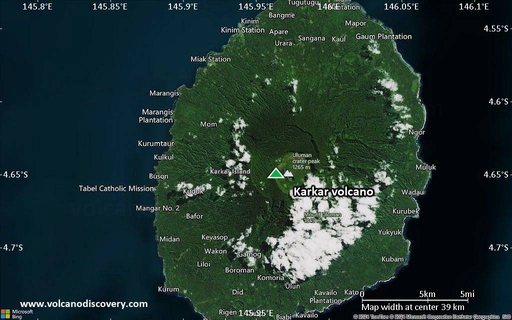 Satellite/aerial-type map of Karkar volcano (scale of 20-40 km)