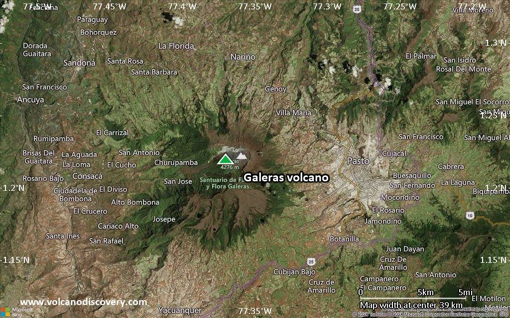 Satellite/aerial-type map of Galeras volcano (scale of 20-40 km)