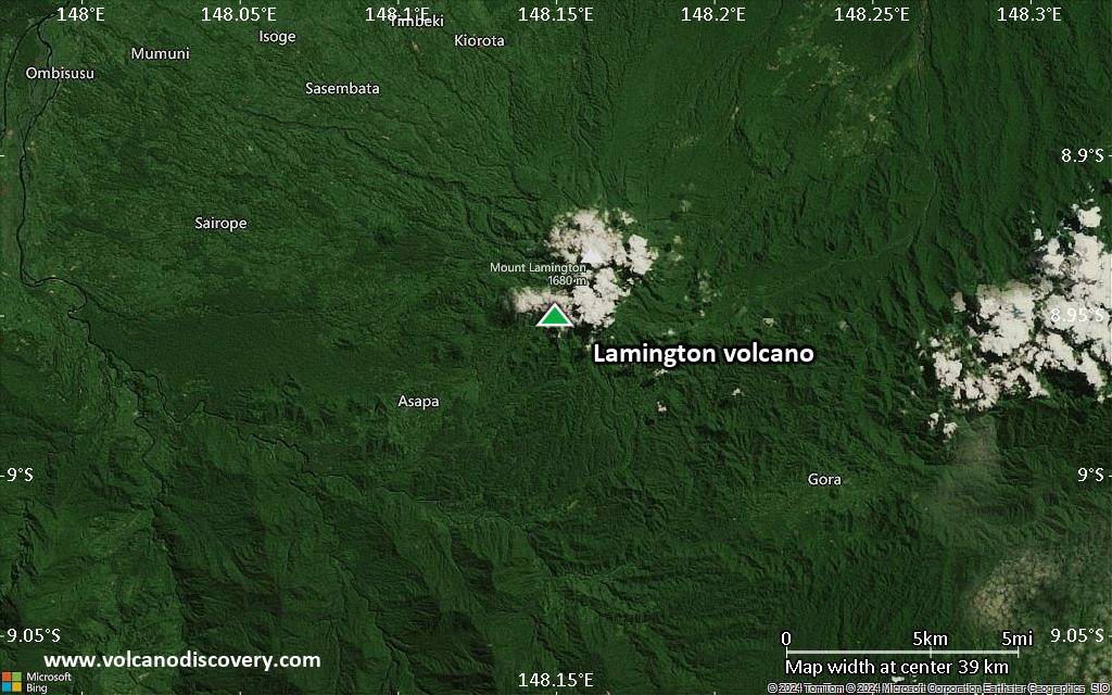 Satellite/aerial-type map of Lamington volcano (scale of 20-40 km)