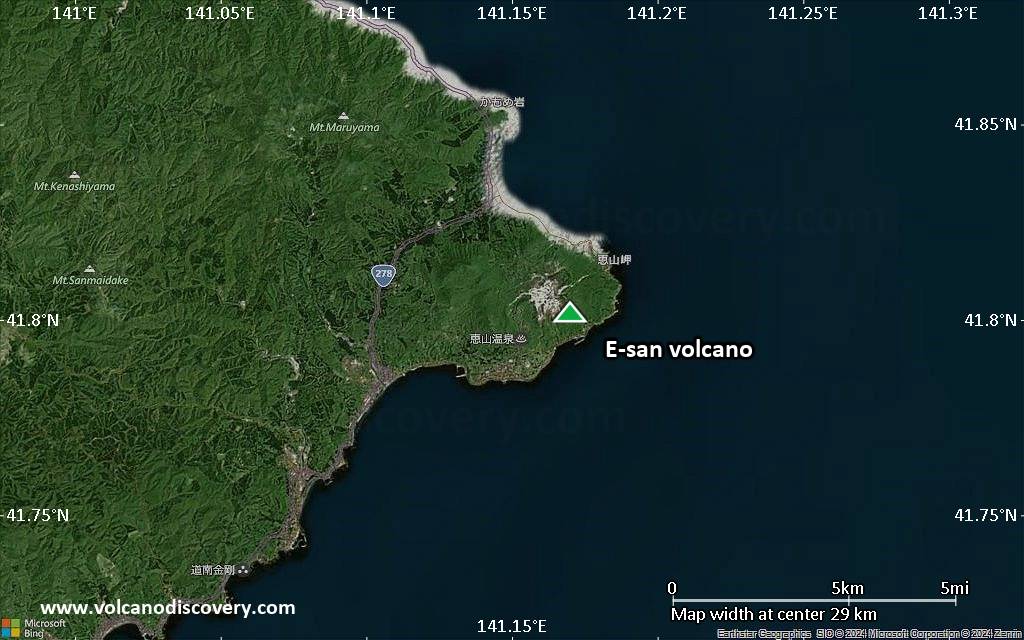 Satellite/aerial-type map of E-san volcano (scale of 20-40 km)