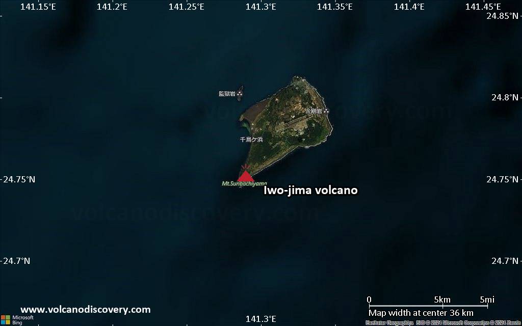 Satellite/aerial-type map of Iwo-jima volcano (scale of 20-40 km)
