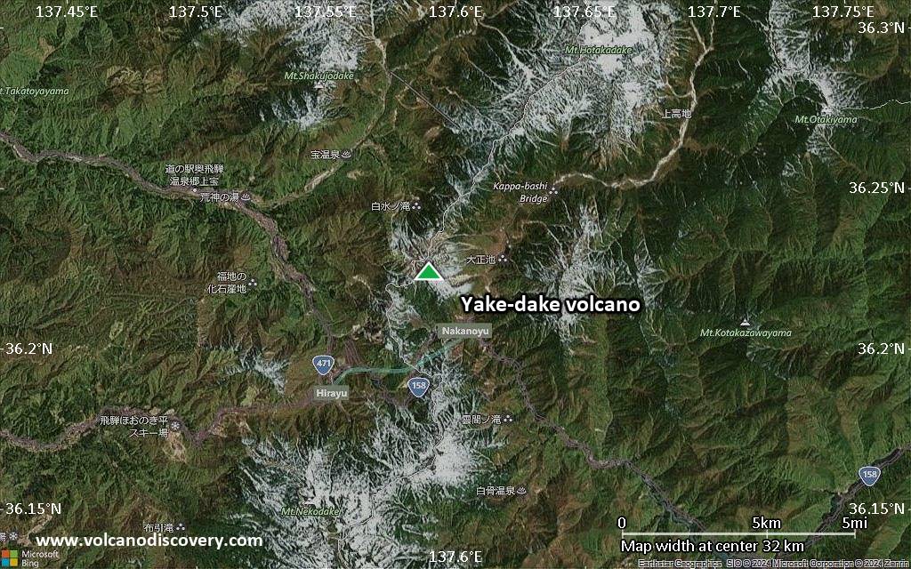 Satellite/aerial-type map of Yake-dake volcano (scale of 20-40 km)