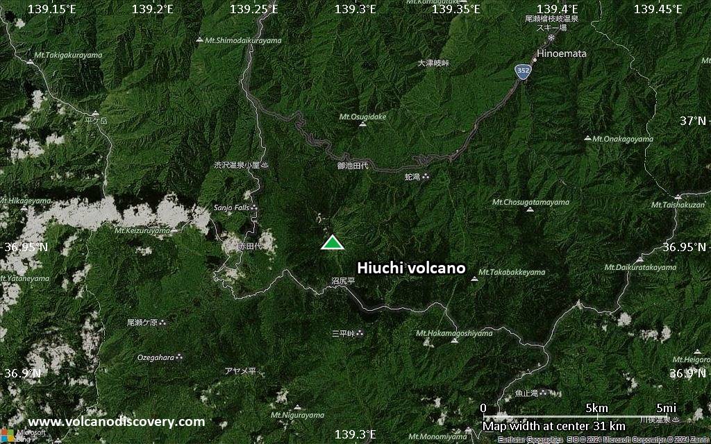 Satellite/aerial-type map of Hiuchi volcano (scale of 20-40 km)