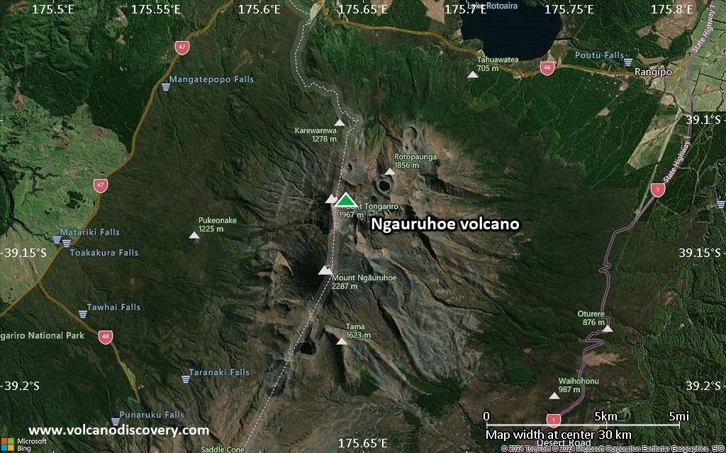 Satellite/aerial-type map of Ngauruhoe volcano (scale of 20-40 km)