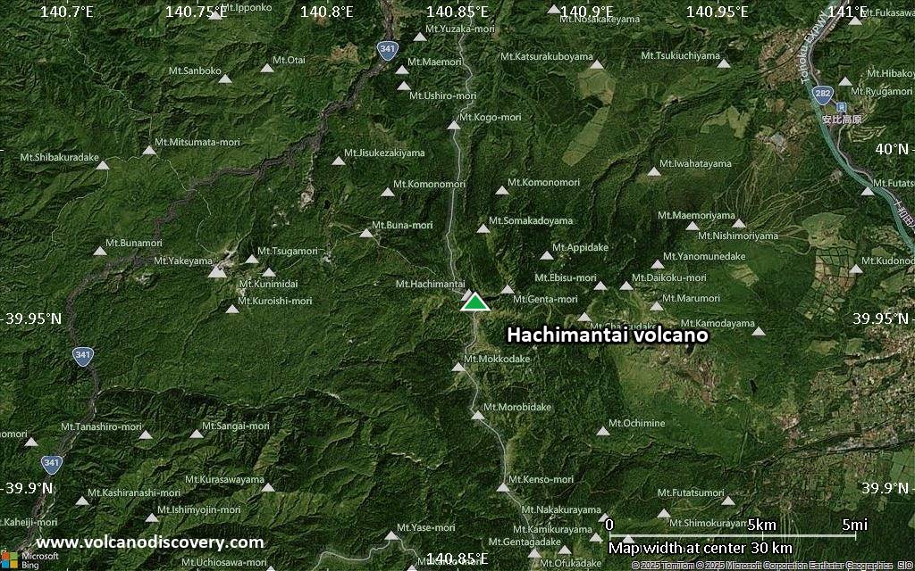 Satellite/aerial-type map of Hachimantai volcano (scale of 20-40 km)