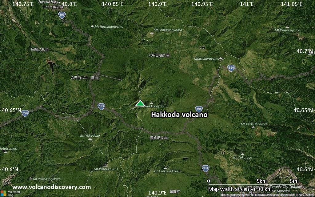 Satellite/aerial-type map of Hakkoda volcano (scale of 20-40 km)