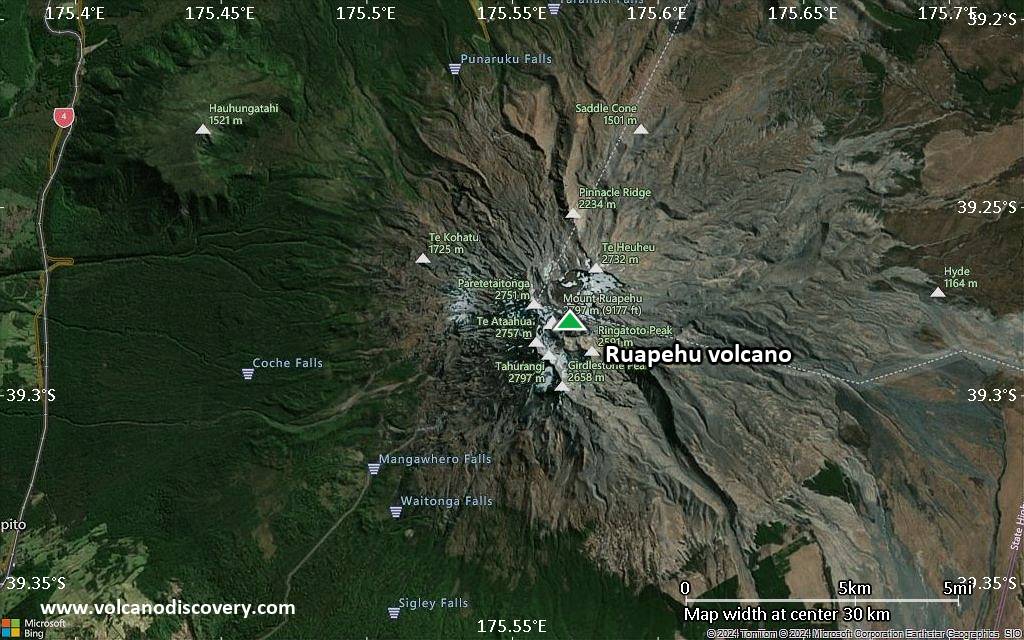 Satellite/aerial-type map of Ruapehu volcano (scale of 20-40 km)