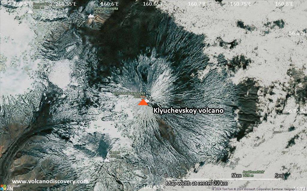Satellite/aerial-type map of Klyuchevskoy volcano (scale of 20-40 km)
