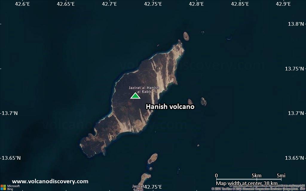 Satellite/aerial-type map of Hanish volcano (scale of 20-40 km)