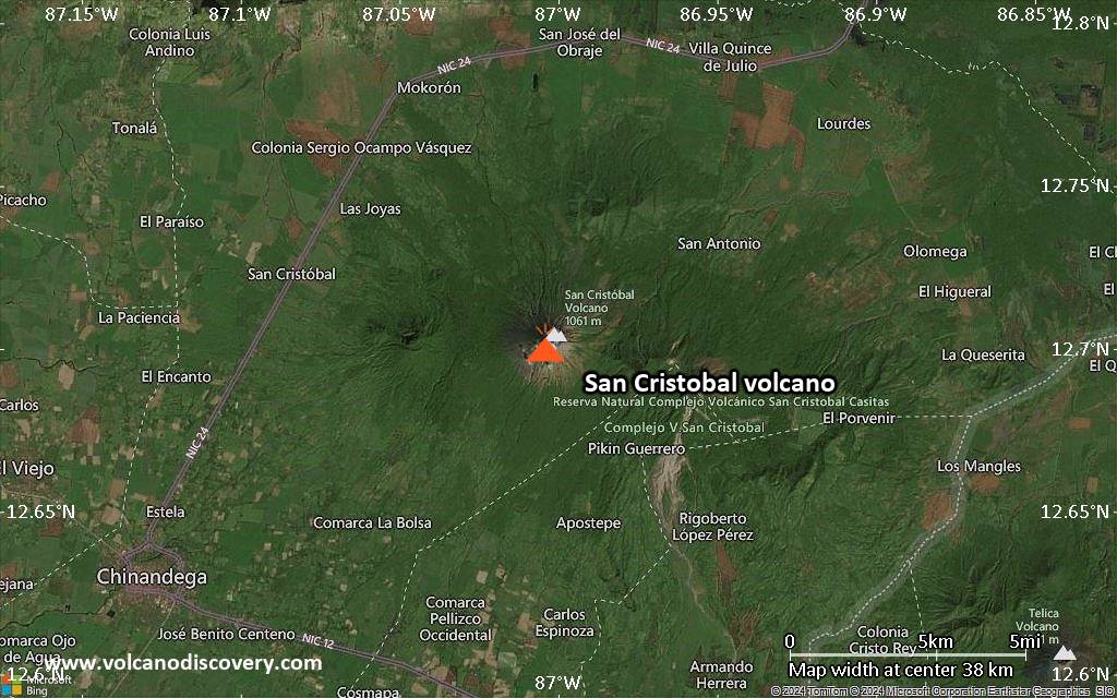 Satellite/aerial-type map of San Cristobal volcano (scale of 20-40 km)