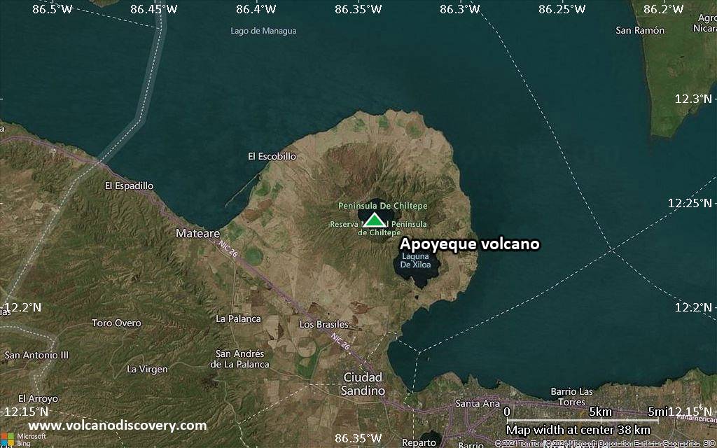 Satellite/aerial-type map of Apoyeque volcano (scale of 20-40 km)