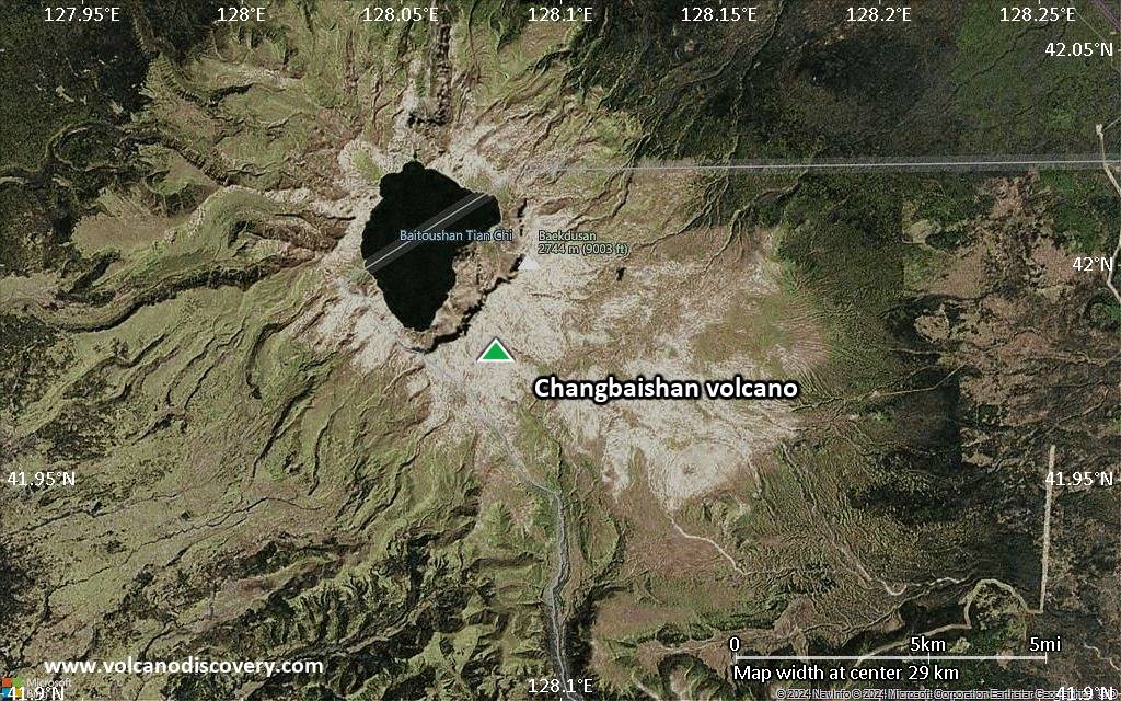 Satellite/aerial-type map of Changbaishan volcano (scale of 20-40 km)