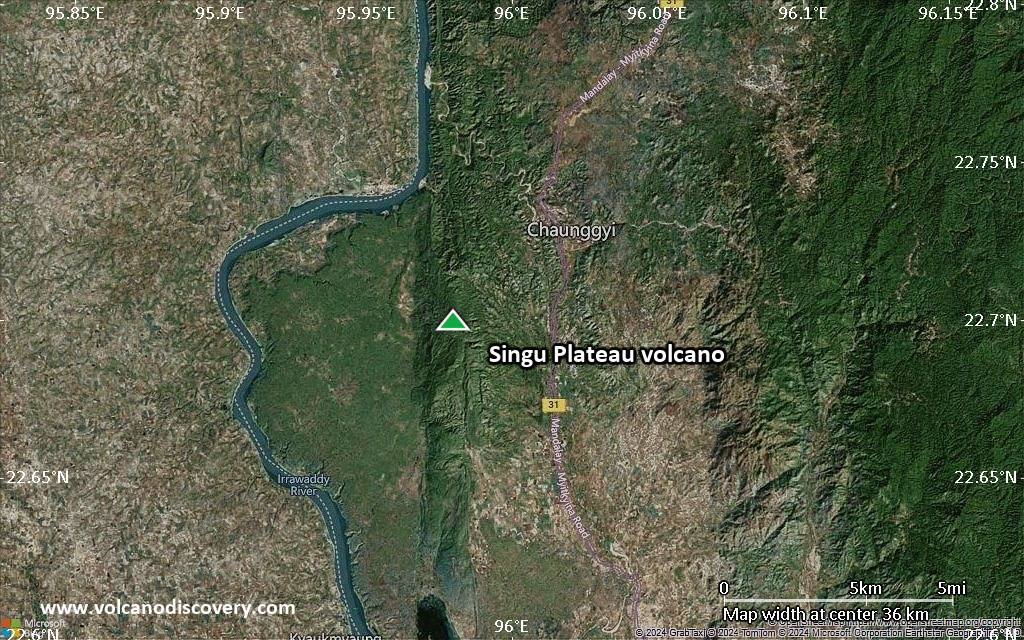 Satellite/aerial-type map of Singu Plateau volcano (scale of 20-40 km)