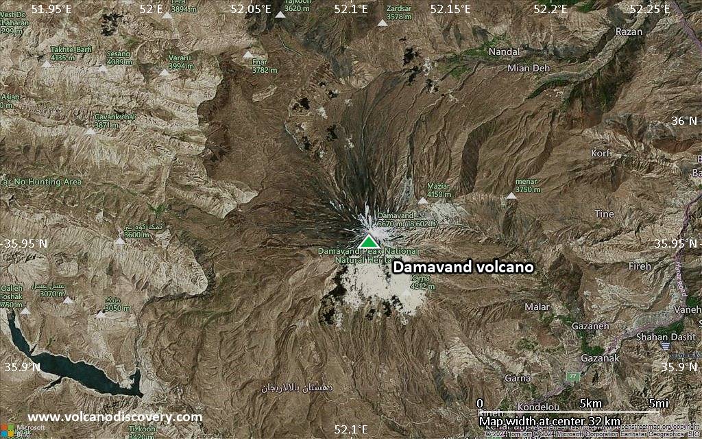 Satellite/aerial-type map of Damavand volcano (scale of 20-40 km)