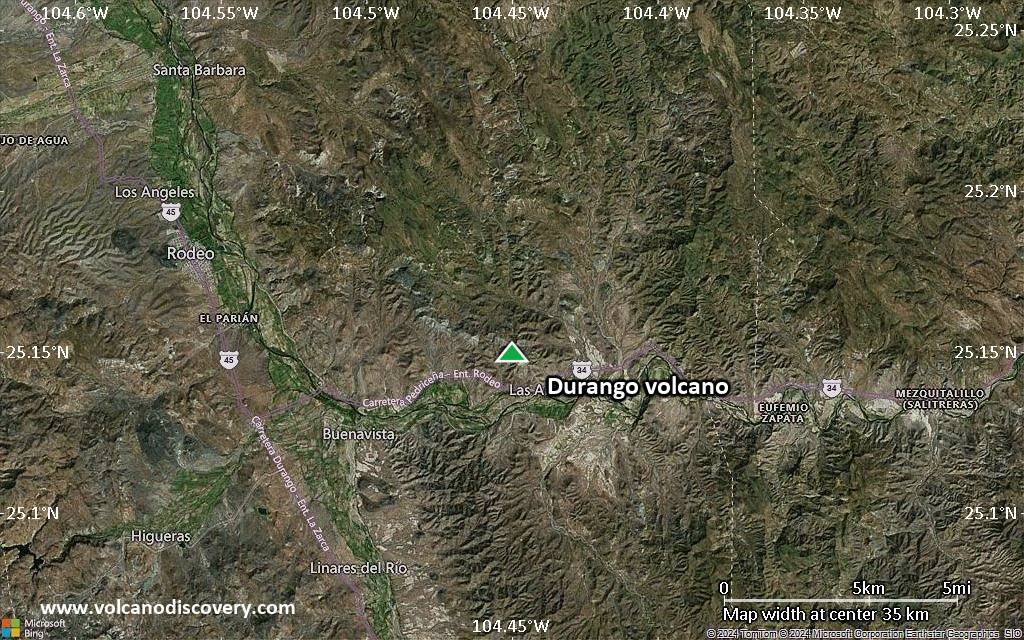 Satellite/aerial-type map of Durango volcano (scale of 20-40 km)