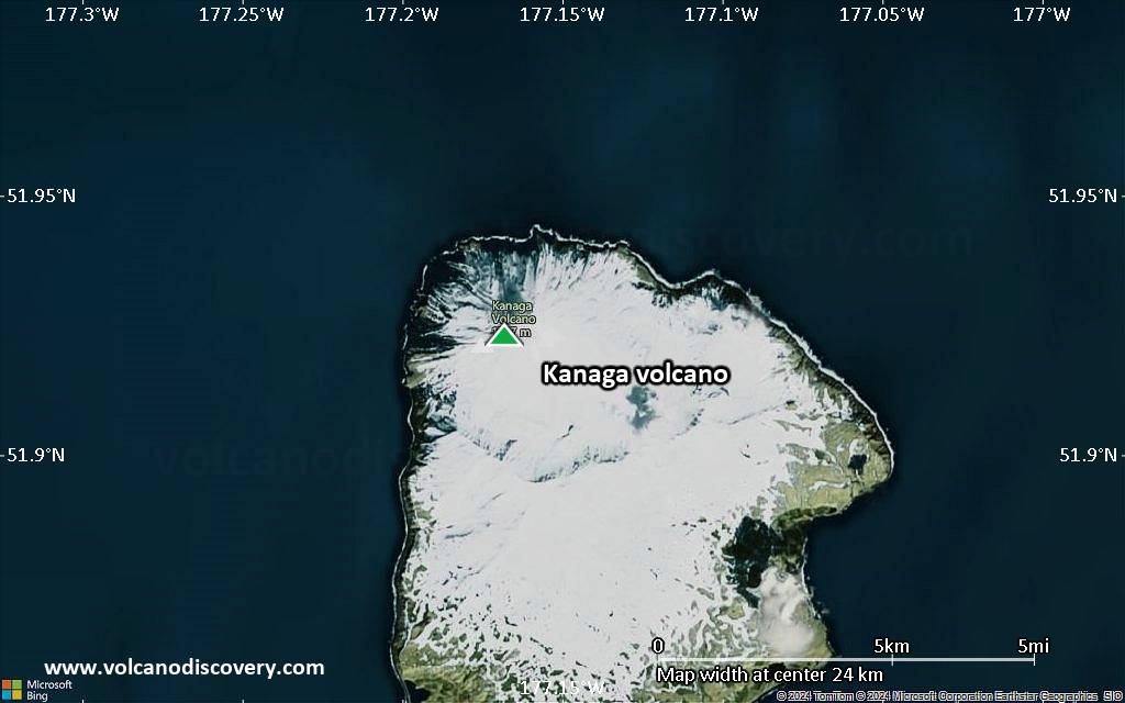 Satellite/aerial-type map of Kanaga volcano (scale of 20-40 km)