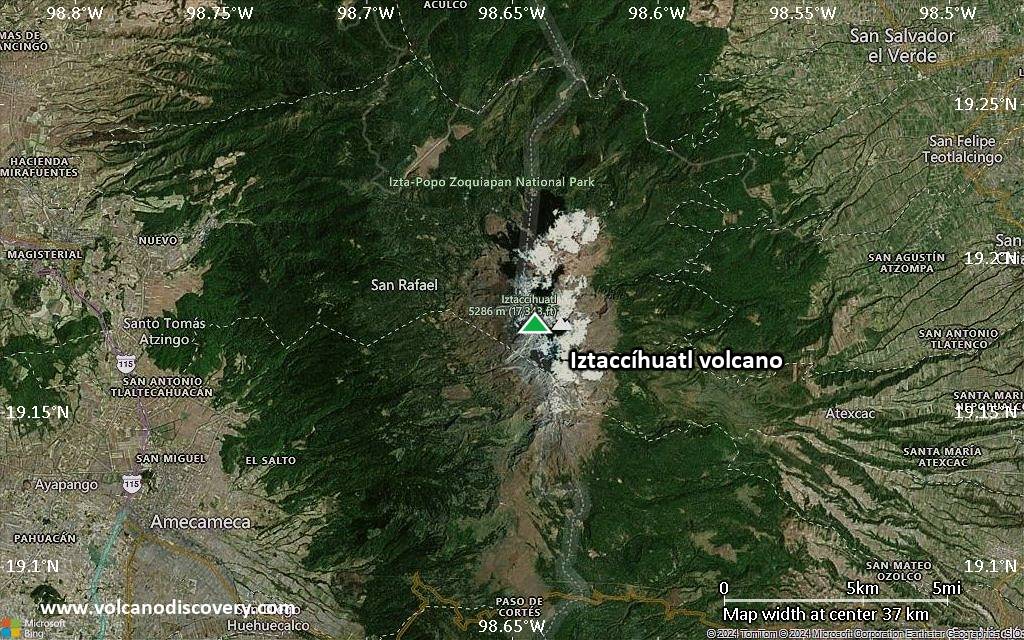 Satellite/aerial-type map of Iztaccíhuatl volcano (scale of 20-40 km)