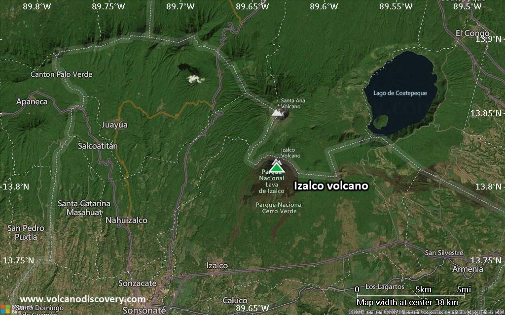 Satellite/aerial-type map of Izalco volcano (scale of 20-40 km)