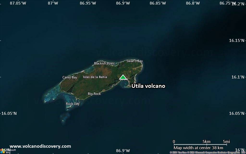 Satellite/aerial-type map of Utila volcano (scale of 20-40 km)