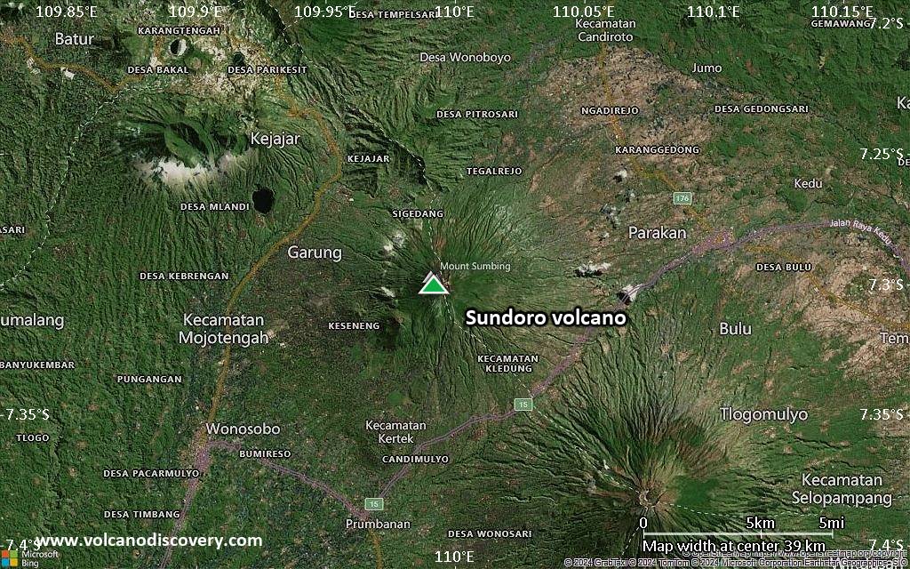 Satellite/aerial-type map of Sundoro volcano (scale of 20-40 km)