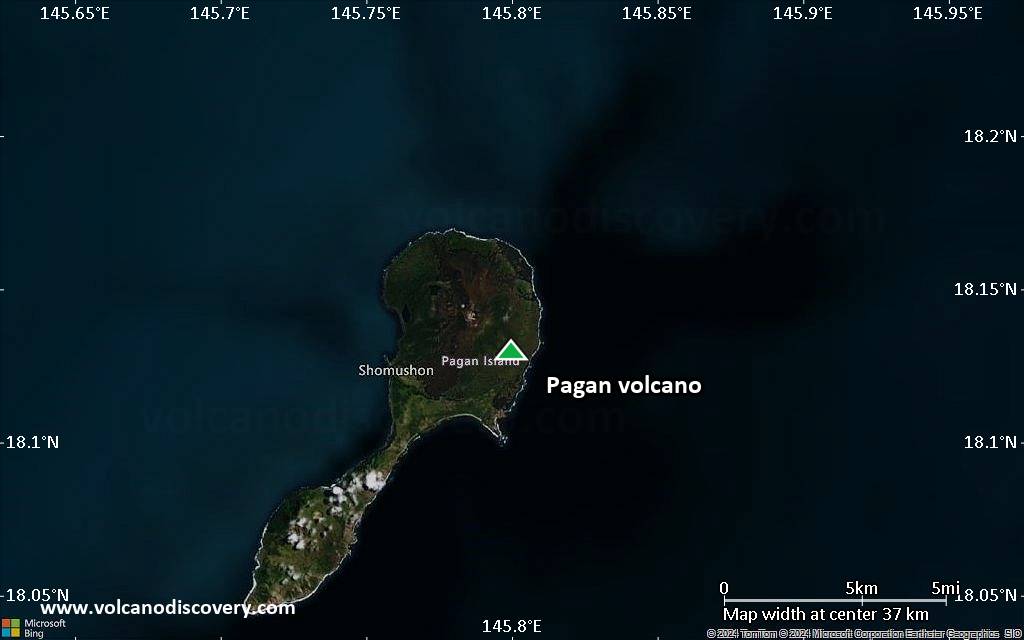 Satellite/aerial-type map of Pagan volcano (scale of 20-40 km)