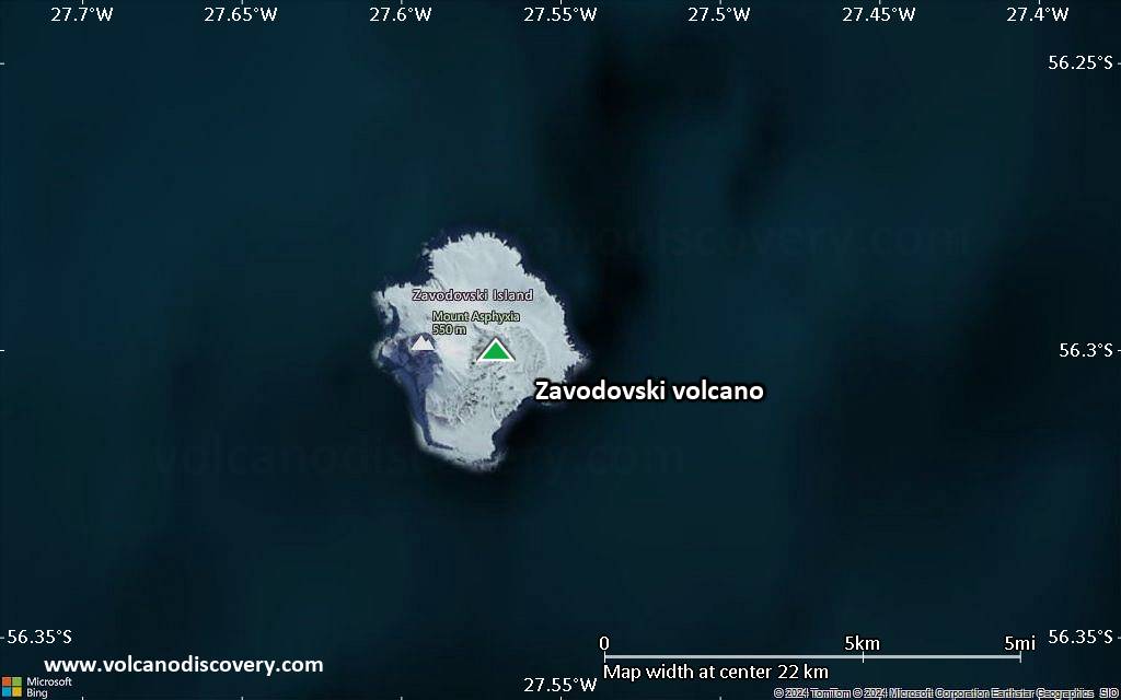 Satellite/aerial-type map of Zavodovski volcano (scale of 20-40 km)