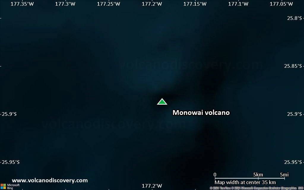 Satellite/aerial-type map of Monowai volcano (scale of 20-40 km)